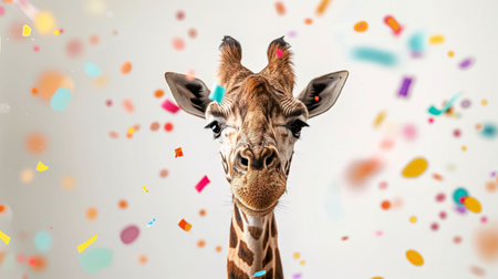A tall giraffe stands out in front of a white background while colorful confetti falls on it. The confetti adds a festive touch to the image and makes it perfect for any occasion.の素材