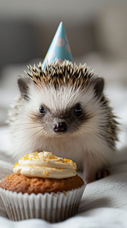 Adorable image of a spiky hedgehog wearing a blue party hat next to a delicious cupcake topped with golden sprinkles. Perfect for childrens books, birthday cards, and party invitations.の素材