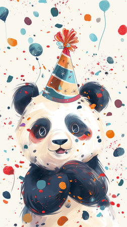 An adorable illustration of a giant panda wearing a festive party hat with bright colorful confetti falling all around on white background. Perfect for birthday cards, invitations, and party supplies.の素材