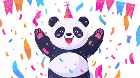 A cute panda in a party hat celebrates with confetti raining down on a white backdrop. The joyful pandas eyes are wide with excitement, arms raised in the air. Perfect for festive designs.の素材