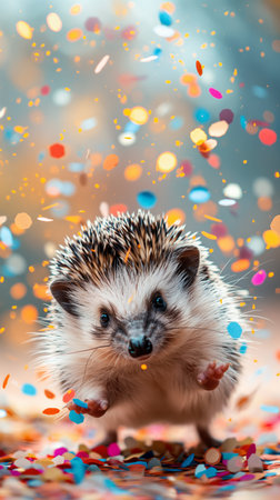 The image shows a small adorable hedgehog isolated on a confetti background. The image is perfect for illustrating children's stories, party invitations, and greeting cards.の素材