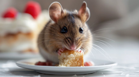 A small, cute, brown mouse is sitting on a white plate and eating a piece of cake. The mouse has its paws on the cake and is looking at the camera. The background is blurry and light colored.の素材