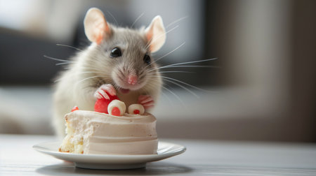 A small cute white rat is sitting on a white plate and eating a piece of cake with red and white frosting. The rat is looking at the camera with its big black eyes. The background is a blurred brown.の素材