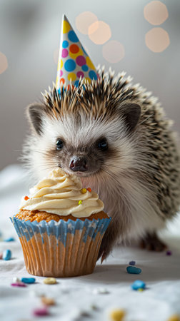 An adorable image of a hedgehog wearing a colorful party hat and sitting next to a vanilla frosted chocolate cupcake with rainbow sprinkles on a white background in celebration of a special event.の素材