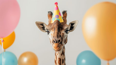 Curious giraffe wearing a colorful party hat surrounded by vibrant balloons against a white background. The giraffes expression is joyful and playful, creating a well-lit and engaging image.の素材