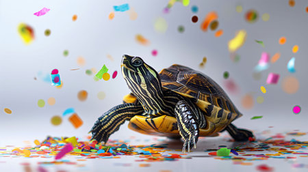 Studio shot of a delighted turtle amidst colorful confetti. The turtles brown shell contrasts with pink, blue, green, yellow, purple, orange, and red confetti, creating a cheerful scene.の素材