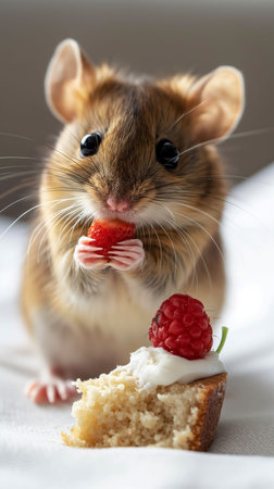A cute brown mouse holds a juicy strawberry in its tiny paws. Its shiny black eyes gaze at the camera with curiosity. Beside it, a half-eaten cupcake topped with a raspberry complements the scene.の素材