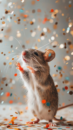 Cute brown mouse under colorful confetti on solid background. Mouse with eyes closed, whiskers twitching. Studio shot with blue, green, yellow, red confetti, creating a festive and playful atmosphere.の素材