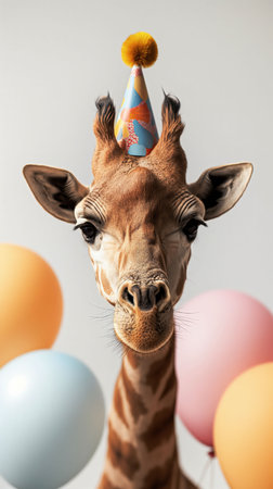 A tall giraffe with brown and white spots wears a colorful party hat with a yellow pom pom. Blue, yellow, orange, and pink balloons add a festive touch. Bright, sharp, and ideal for stock use.の素材