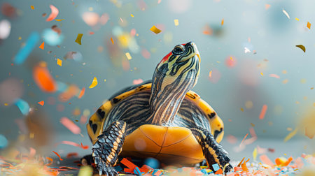 Vibrant turtle with intricate patterns on shell in studio shot. Bright blue background enhances the contrast. Captivating gaze adds charm, detailed textures create a delightful composition.の素材