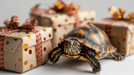 An adorable terrapin with a surprised expression next to a stack of wrapped gifts. Its golden and black shell shines under holiday lights, making it ideal for festive cards, tags, and decorations.の素材