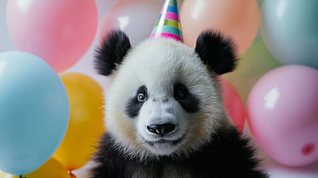 An adorable baby panda wearing a colorful party hat sits in front of a white background surrounded by a variety of colorful balloons in celebration of a special birthdayの素材