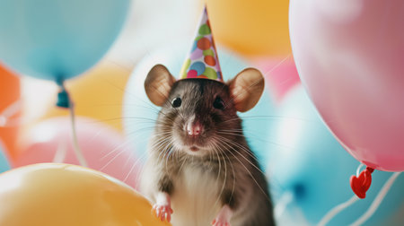A sweet gray rat in a party hat with colorful balloons, perfect for festive occasions. Ideal for cards, websites, and social media. Isolated on a vibrant background.の素材