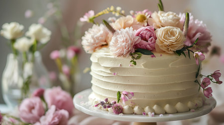 A three-tiered wedding cake with intricate pink and white floral decorations, elegantly displayed on a white plate against a soft pink background for a special celebration.の素材