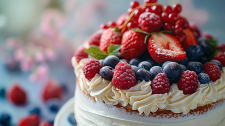 A mouthwatering image of a cake topped with fresh strawberries, blueberries, and raspberries. The cake is covered in a thick layer of whipped cream and is sure to satisfy your sweet tooth.の素材
