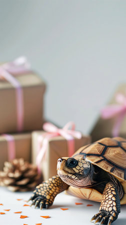 A turtle, gifts, and pine cone on a white background. Turtles brown and yellow shell, green and yellow skin. Gifts in brown paper with pink ribbons. Pine cone spiral shaped.の素材
