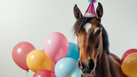 A delightful scene featuring a horse in a festive birthday hat surrounded by vibrant balloons. This whimsical image adds joy and humor to any project, perfect for celebratory themes.の素材