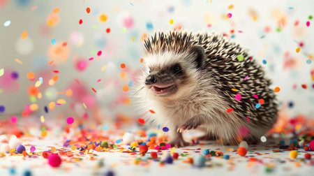 An adorable image of a smiling hedgehog amidst vibrant confetti in a modern and playful studio photoshoot. The perfect backdrop for your creative or marketing campaignの素材