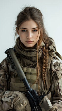 A young female soldier with brown hair and blue eyes in a camouflage uniform, holding a gun. She looks serious and focused in this studio image on a white background.の素材