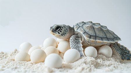 A cute baby sea turtle is sitting on a pile of white eggs on a white sand beach under the sun. The turtle is looking to the left. The background is a bright white color.の素材