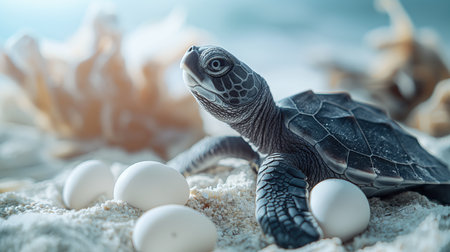 Closeup of a baby sea turtle on sand with eggs near the ocean shore in a tropical setting. Turtle crawling towards the ocean, eggs buried in sand. Blue ocean and clear sky in background.の素材