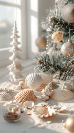 Lovely display of seashells, festive Christmas tree with golden ornaments, and glowing candle on white table by window. Seashells in various shapes and sizes, creating warm ambiance.の素材