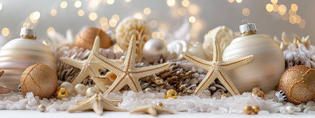 This is a beautiful image of elegant Christmas ornaments with seashells and starfish on a white background. Perfect for your holiday cards, invitations, and other creative projects.の素材