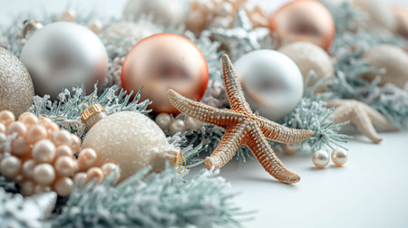 This image displays diverse Christmas ornaments in different shapes, sizes, colors, finishes (shiny, matte, glittered) creatively placed on a white backdrop with space for text on the right side.の素材