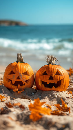 Two eerie jack-o-lanterns, their carved faces illuminating the sandy beach at night. The spooky pumpkins cast a glow against the backdrop of crashing ocean waves and a serene, clear blue sky.の素材