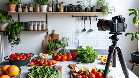 A DSLR camera captures colorful organic produce on a kitchen counter. Tomatoes, oranges, avocados, and greens arranged with spice jars and kitchenware in the background.の素材