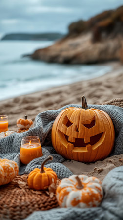 A carved pumpkin with a flickering candle on a sandy beach at sunset. Nearby, a cozy blanket and more pumpkins. The serene ocean, stone pier, and distant mountains complete the picturesque scene.の素材