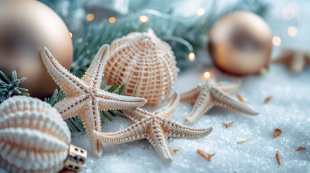 A stunning arrangement of Christmas ornaments featuring seashells and starfish, elegantly displayed against a snowy background, creating a festive and elegant holiday scene.の素材