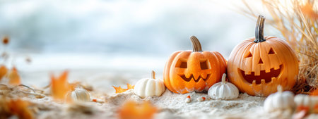 Two Halloween pumpkins on sandy ground, surrounded by fall leaves and white gourds. Soft white background with wheat stalks on the right side, creating a festive autumn scene.の素材