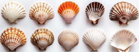 Various seashells of different sizes and patterns are meticulously arranged, creating an elegant and captivating composition that highlights the beauty of nature's creations.の素材