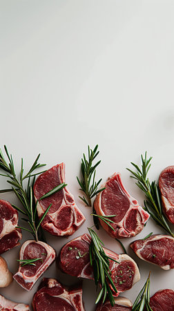 Raw lamb chops with rosemary on white background. Top view.の素材