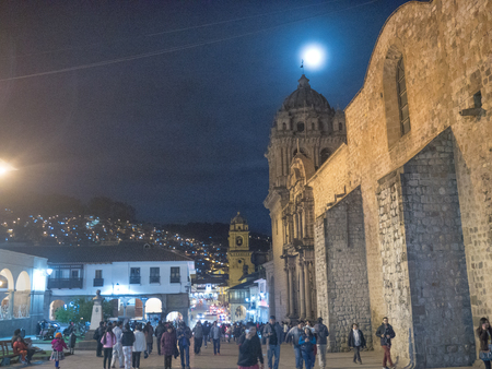 CUSCO, PERU - NOVEMBER 18:  Cusco cathedral at night against full moon in Cusco, Peruのeditorial素材