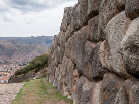 Detail of an ancient Inca wall in Sacsayhuaman, near Cusco, in Peru, South Americaの写真素材