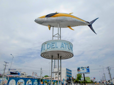 MANTA, ECUADOR - MARCH 18, 2015: Tuna monument in the port of Manta. The city of Manta is the World Capital of Tunaのeditorial素材