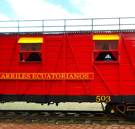 MONTECRISTI, ECUADOR - MARCH 19, 2015:  Old Ecuadorian trains are seen at Alfaro city in Montecristi, Ecuadorのeditorial素材