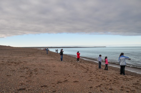 PUERTO MADRYN, CHUBUT, ARGENTINA - JUNE 23, 2016: People watch the whales at Doradillo beach in Peninsula Valdes, Argentine Patagoniaのeditorial素材