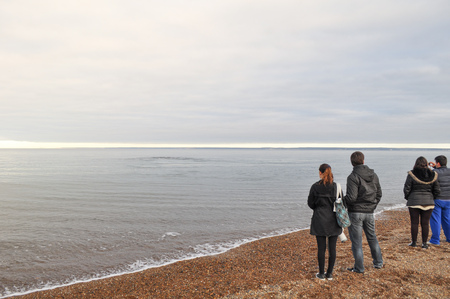 PUERTO MADRYN, CHUBUT, ARGENTINA - JUNE 23, 2016: People watch the whales at Doradillo beach in Peninsula Valdes, Argentine Patagoniaのeditorial素材