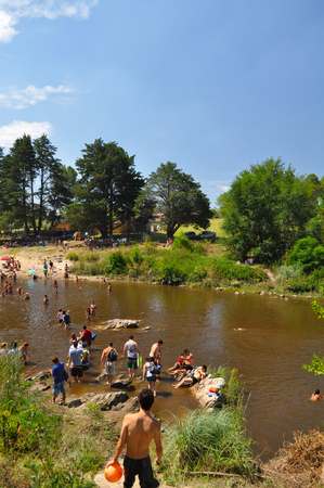 CORDOBA, ARGENTINA - JANUARY 24, 2016: People enjoy the beach in a river of Villa General Belgrano, Cordoba, Argentinaのeditorial素材