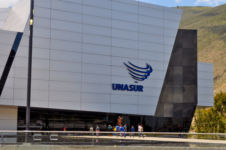 QUITO, ECUADOR, MARCH 08, - 2015 - Modern building in which is located the Unasur, an international organization of south american countries.のeditorial素材
