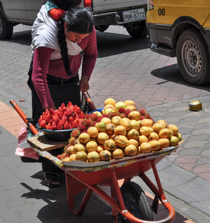 OTAVALO, ECUADOR - MARCH 15, 2015: Woman selling Achiote fruits in the streets of Otavalo, Ecuadorのeditorial素材