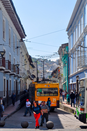 QUITO, ECUADOR - MARCH 14, 2016:  A metro bus transport is seen in the streets of Quito, Ecuador. Metro bus is one of the main public transport in Latin Americaのeditorial素材