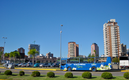 BUENOS AIRES, ARGENTINA - APRIL 14: View of a touristic bus at the center of Tigre city on April 14, 2017 in Tigre, Buenos Aires, Argentina.のeditorial素材