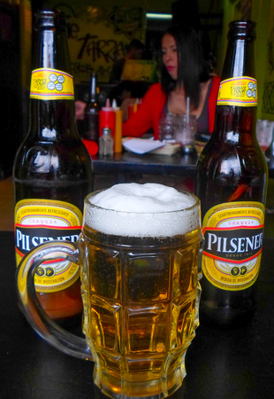 QUITO, ECUADOR - MARCH 18, 2016:  Detail view of Pilsener beer, one of the most popular beer in Ecuadorのeditorial素材
