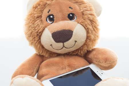 Stuffed lion on white backgroundの写真素材