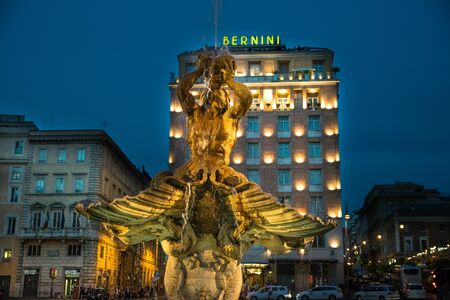 ROME, ITALY - JUNE 05, 2017: Triton Fountain at Night, Gian Lorenzo Bernini, Barberini square, Romeのeditorial素材