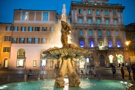 Triton Fountain at Night, Gian Lorenzo Bernini, Barberini square, Romeの写真素材